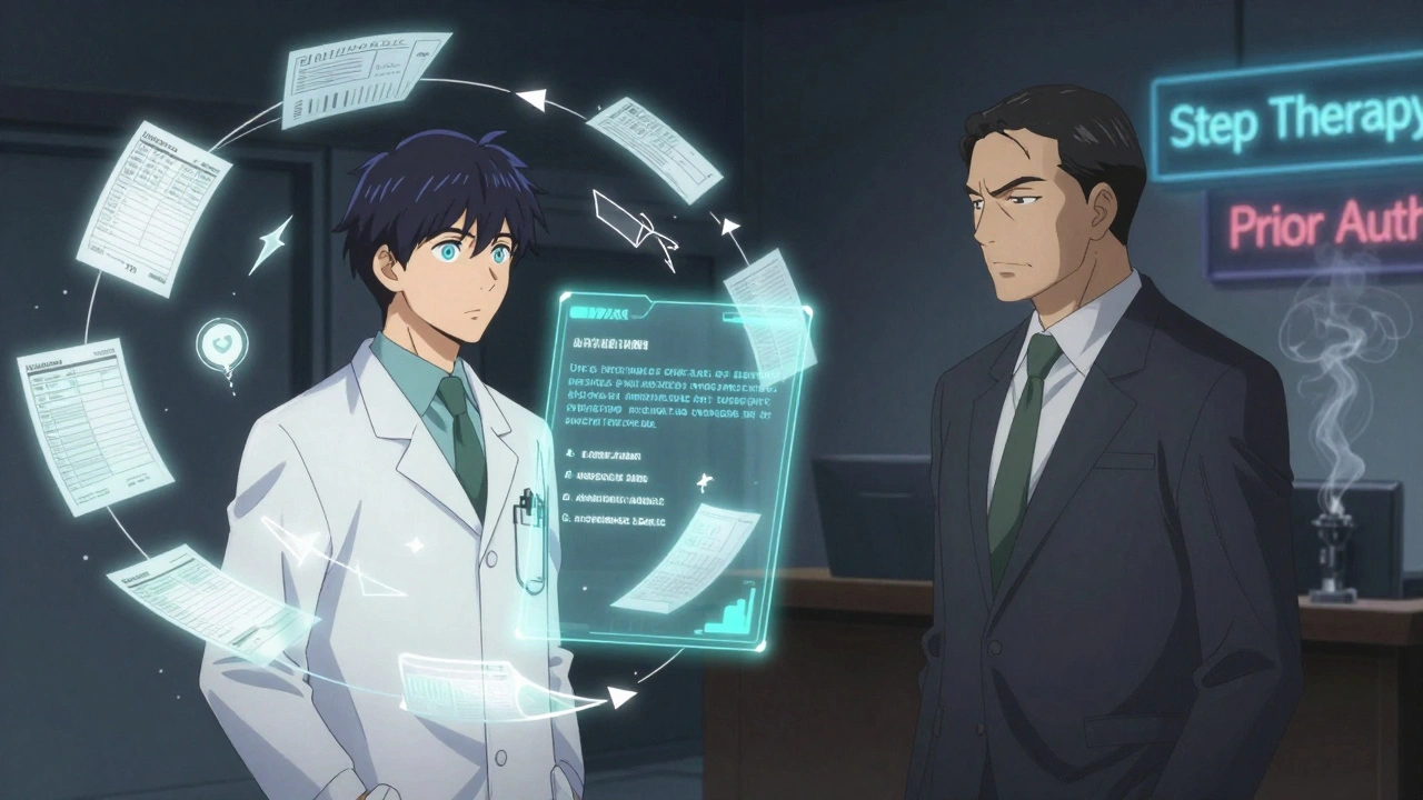 Doctor and insurance reviewer in a peer-to-peer review, clinical data glowing between them in a dramatic office setting.