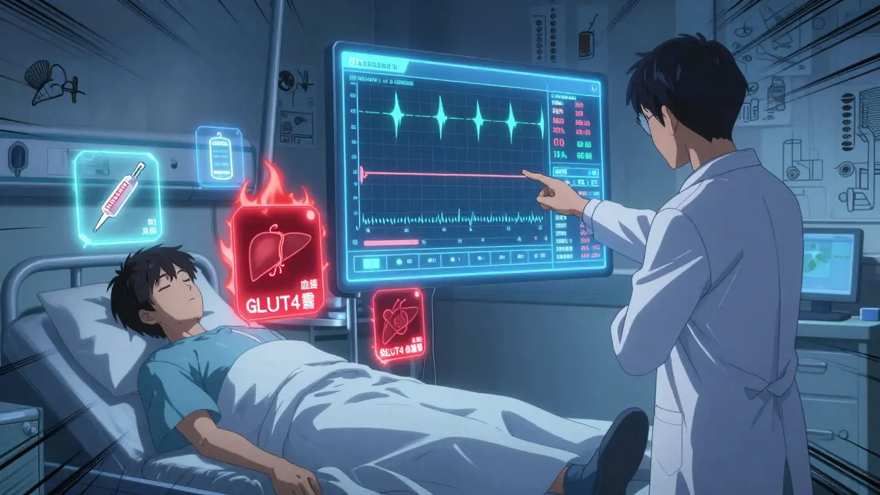 Doctor and patient reviewing a glucose chart at night with floating insulin and organ icons in a hospital room.