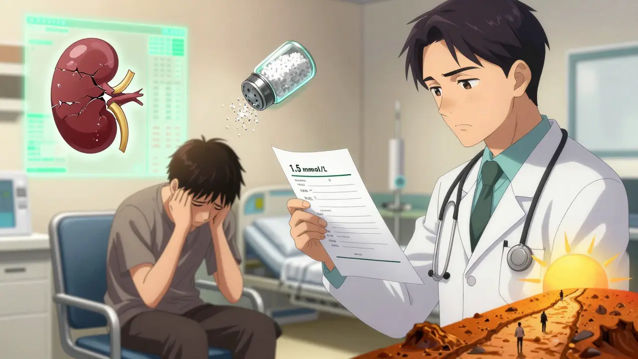 Doctor showing high lithium blood test result to a trembling patient in clinical setting.