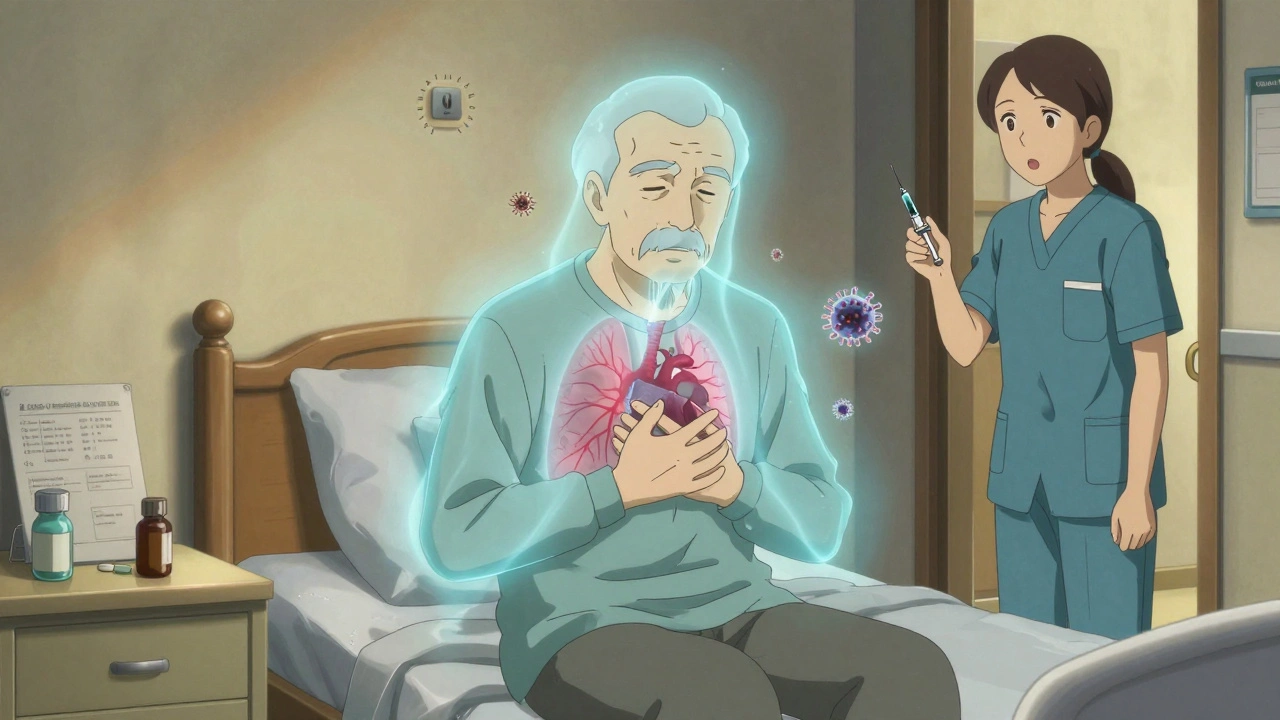 Elderly man in nursing home with glowing RSV virus particles near his chest, caregiver holding vaccine.