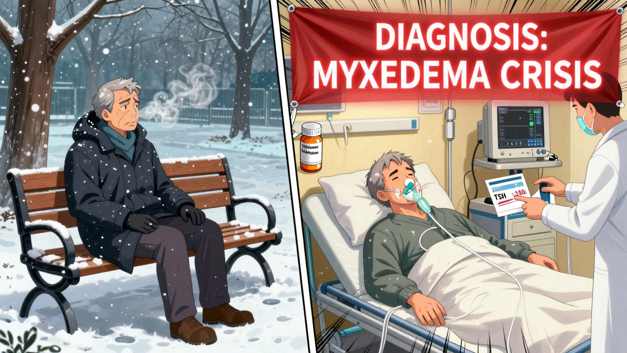 Elderly man in winter coat on snowy bench transitioning to intubated patient in ICU with thyroid diagnosis glowing.