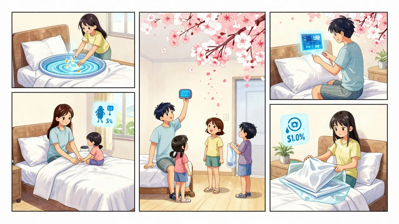 Family following allergy control routine in a high-tech bedroom with floating data icons like cherry blossoms.