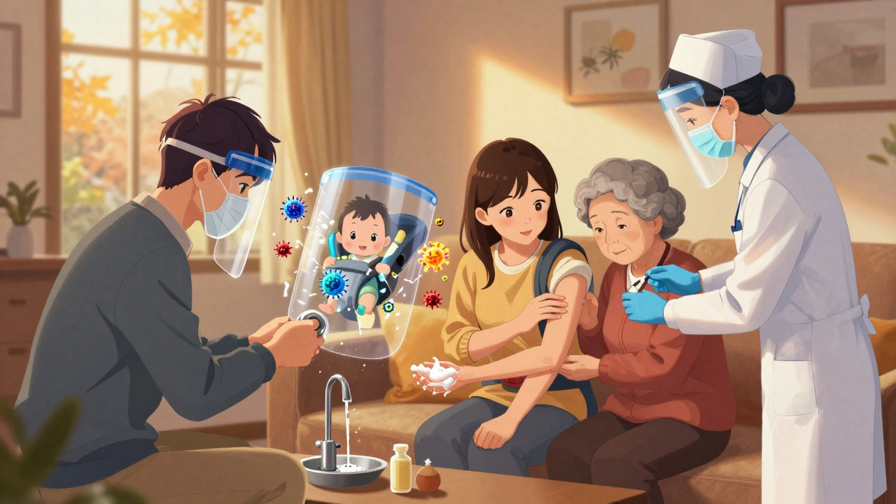 Family washing hands and getting vaccinated, protective shield around baby as virus particles shatter.