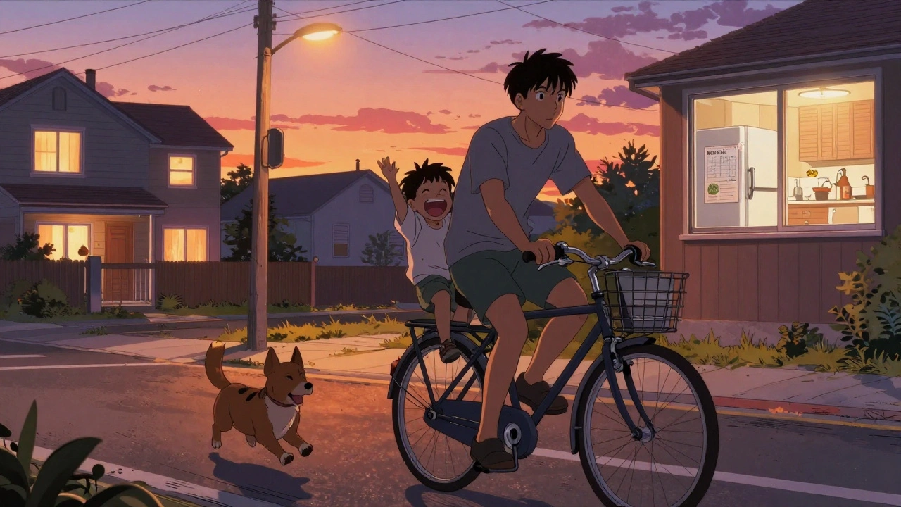 Father and child biking together at sunset with a dog, home visible in background, joyful expressions.