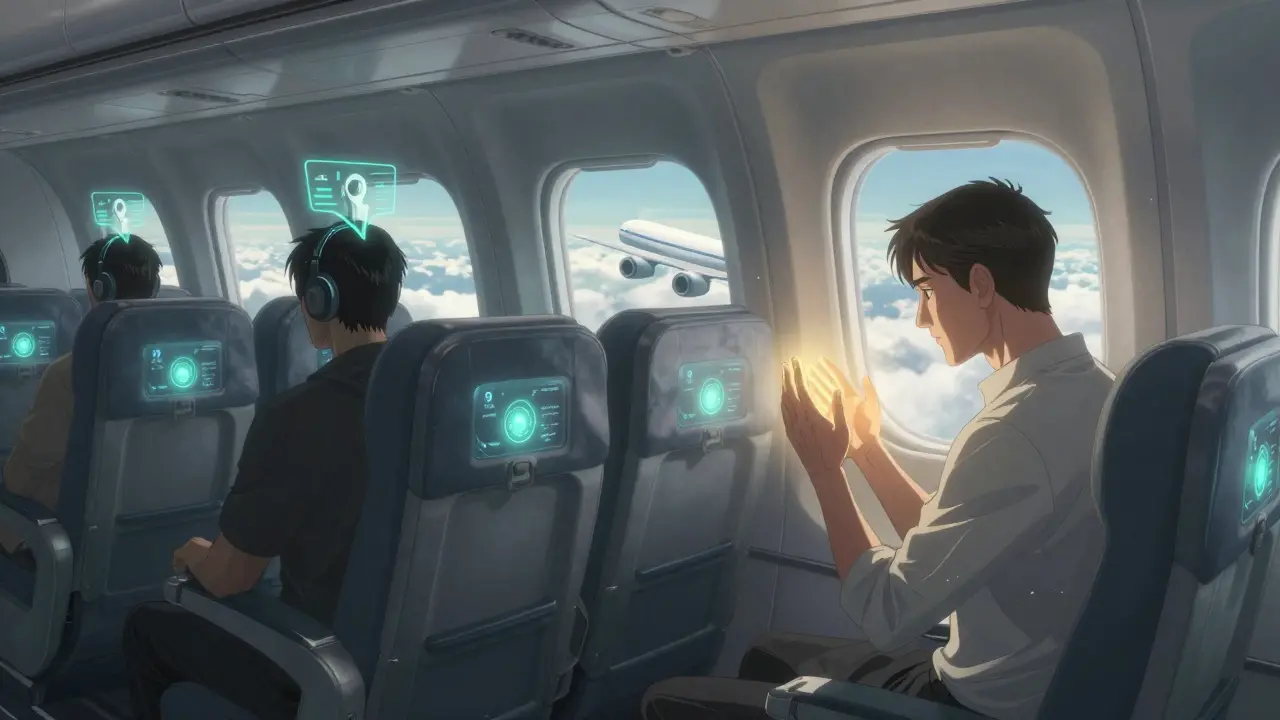 Futuristic airplane cabin with pressure sensors guiding passengers through ear equalization techniques.
