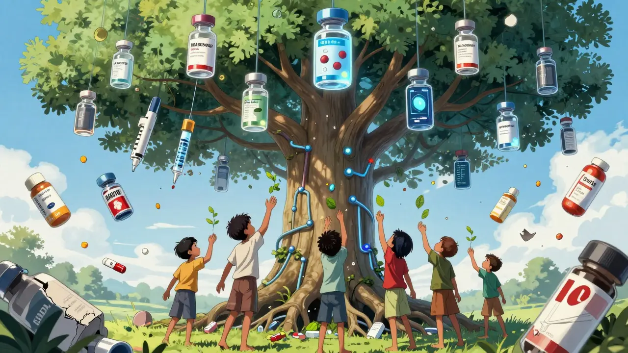 Futuristic medicine tree with biosimilars and digital pills, children from Kenya, Pakistan, and Indonesia harvesting medication.