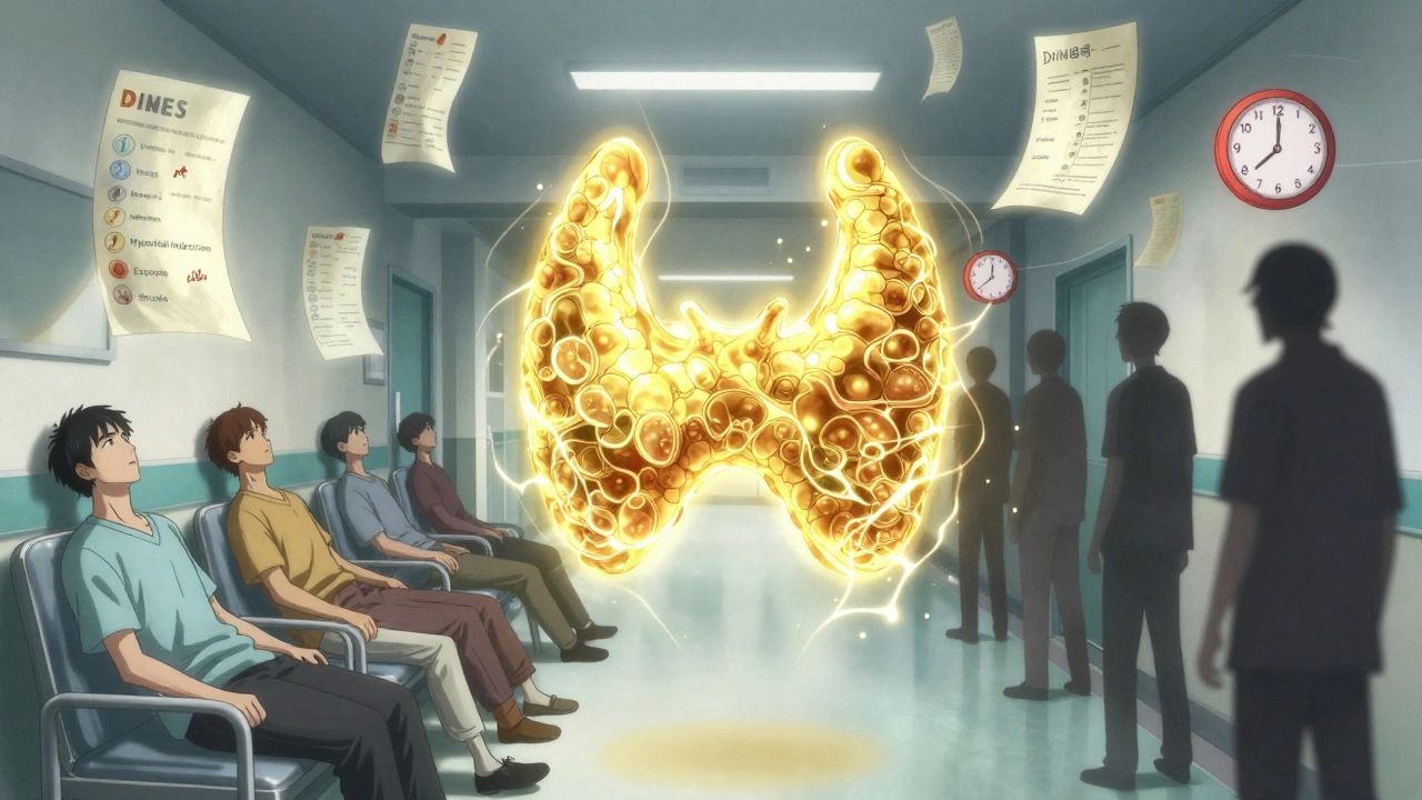 Golden thyroid gland radiating energy to revive patients, with medical mnemonics floating in the air.