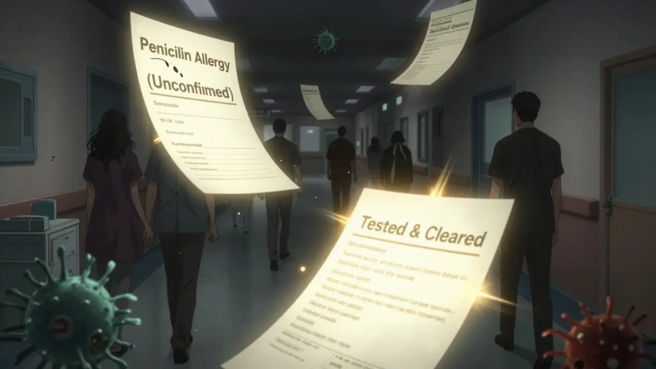 Medical records shattering as superbugs fade, symbolizing penicillin de-labeling