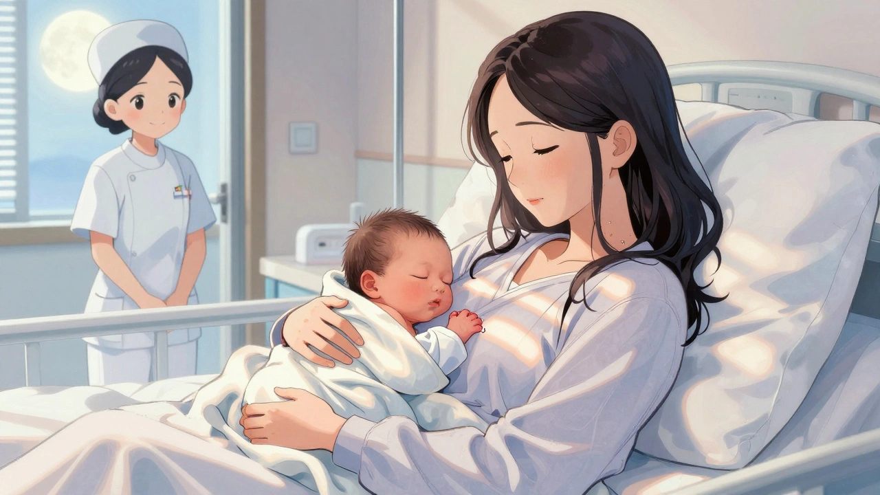 Newborn baby skin-to-skin with mother in quiet hospital room, calm and connected.