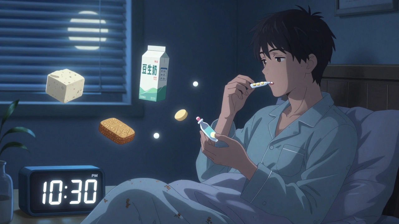 Nighttime thyroid pill taken with soy products gently drifting away in moonlight.