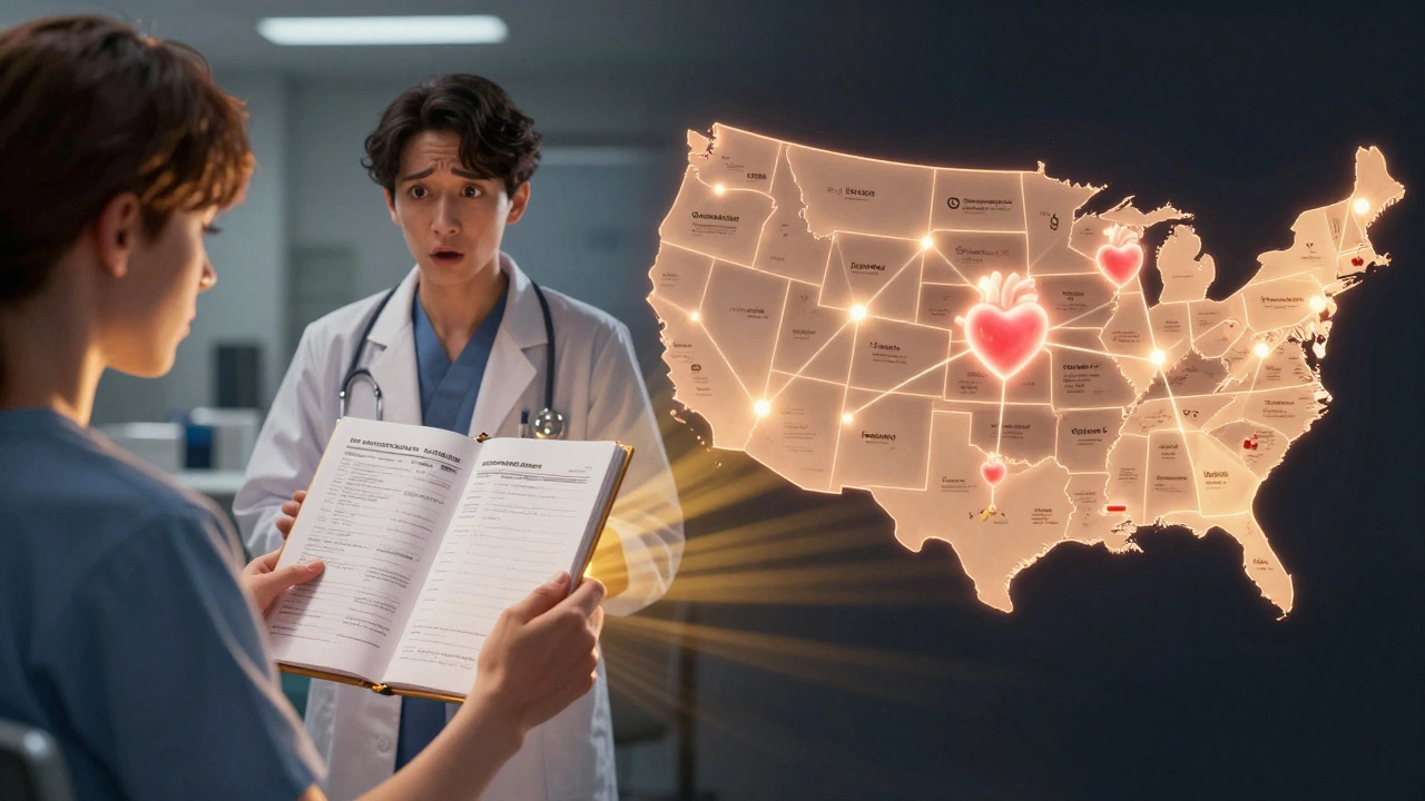 Patient and doctor discussing side effects while a network of reports spreads across the U.S.