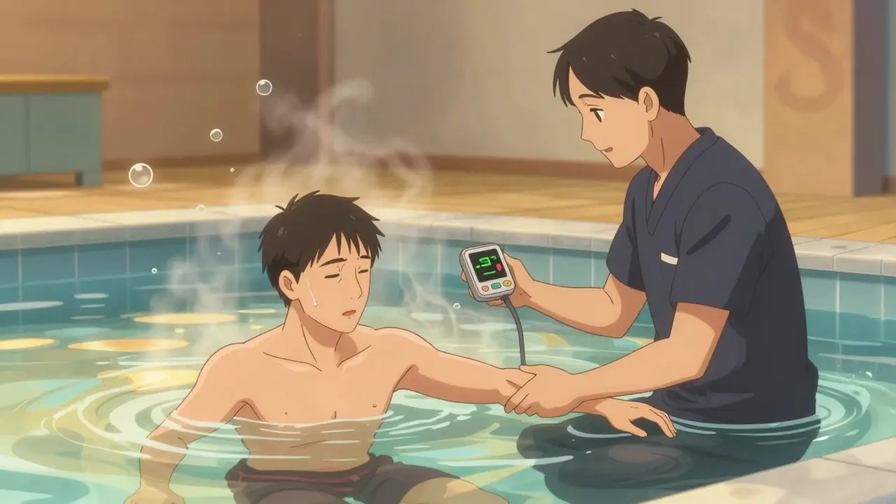 Patient in a heated pool with therapists, water shimmering, gentle motion lines showing movement.