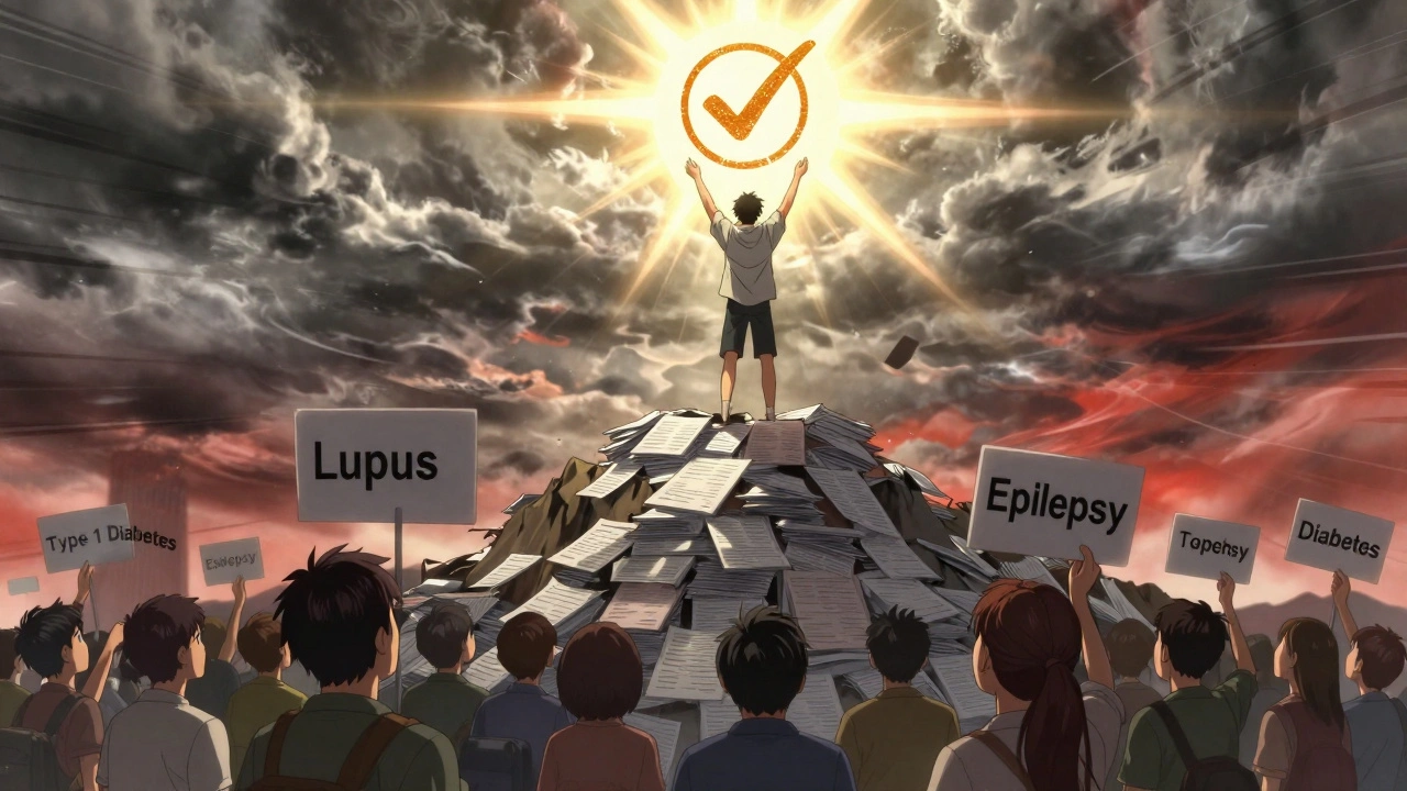 Patient standing atop denied forms as a golden approval stamp descends, others below looking up in hope.