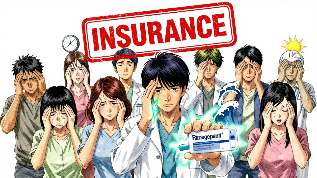 Patients in clinic with individual migraine symbols, one holding dual-action pill, insurance dragon looming behind.