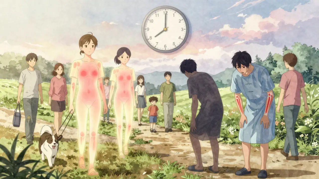 Patients living active lives with fading inflammation overlays, contrasting past illness