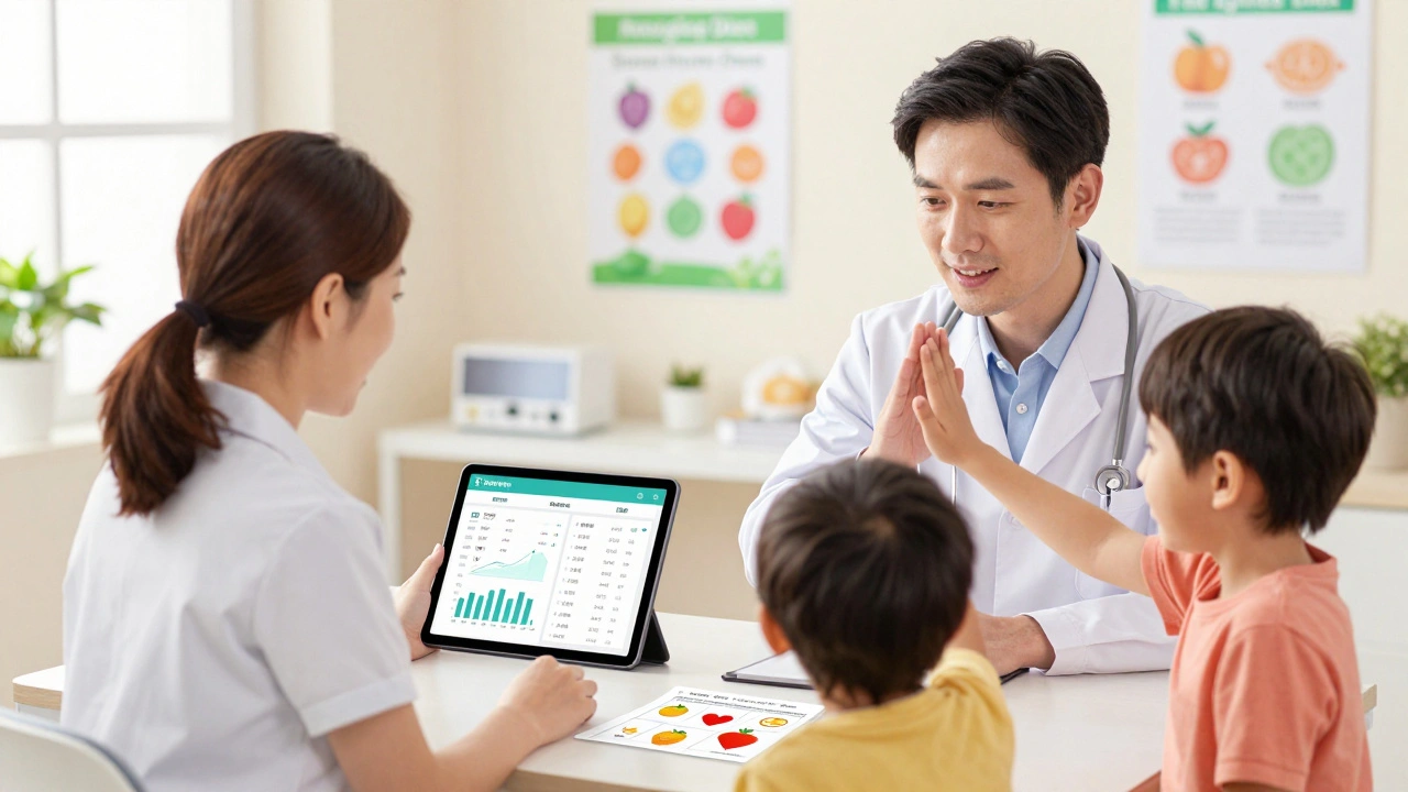 Pediatrician’s office scene: family reviewing health app together, smiling, with stoplight diet poster on wall.