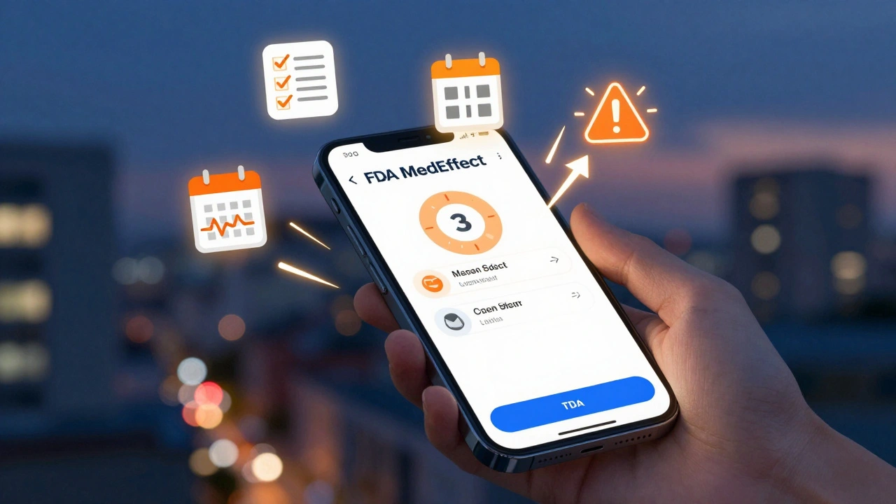 Person using MedEffect app to report medication side effects on smartphone.