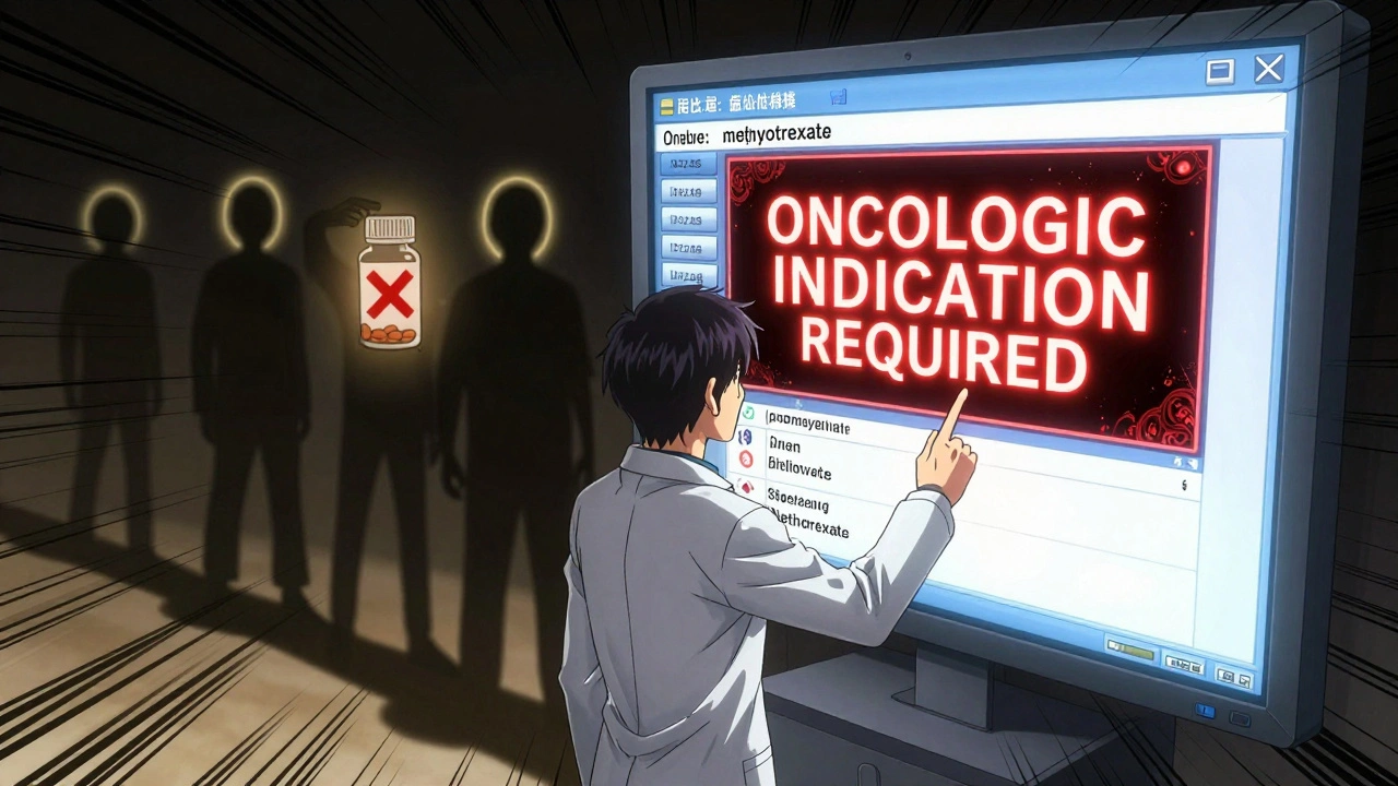 Pharmacist facing forced override alert for methotrexate, patient warning halos in background.