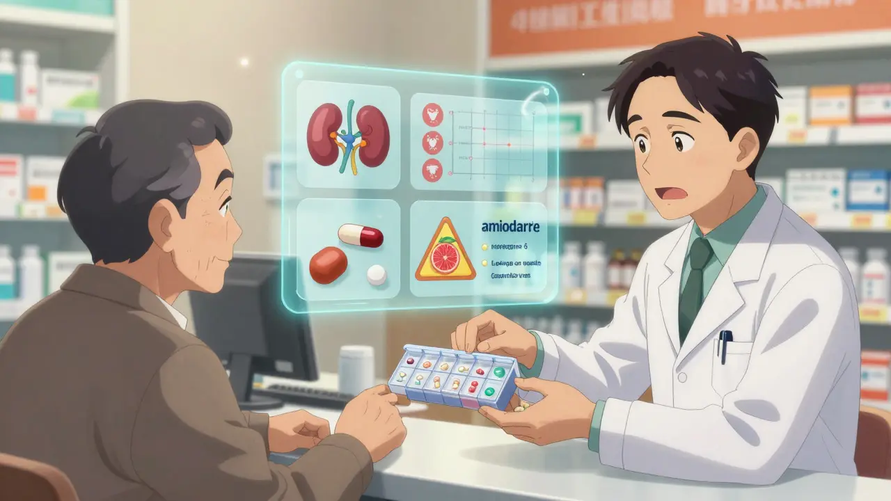 Pharmacist handing pill organizer to elderly man, floating medical data panels in background.