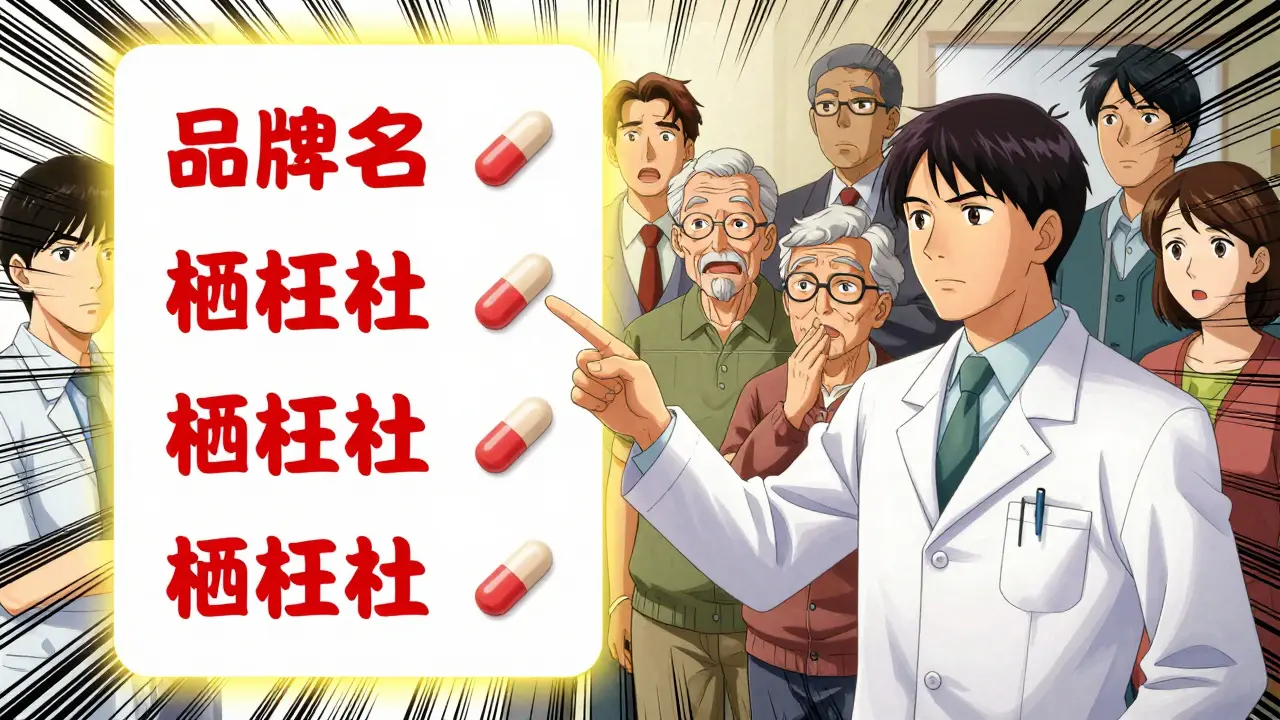 Pharmacist showing side-by-side pills to patients, with glowing text confirming they are the same medicine.