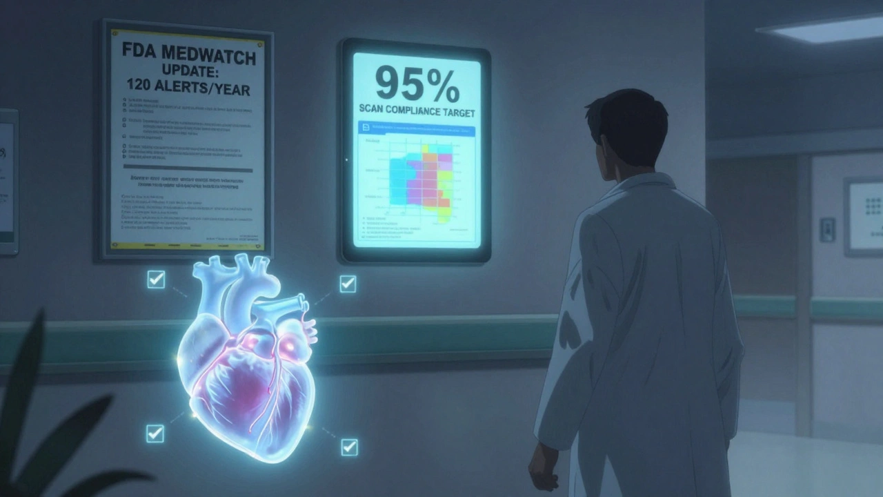 Pharmacist walking past safety alert posters, AI risk heatmap on tablet, patient heart pulses safely.