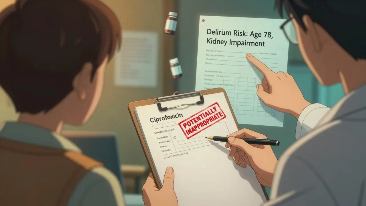 Pharmacist warning family about high-risk antibiotic prescription for an elderly patient.