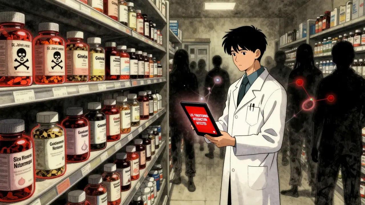 Pharmacy shelf with glowing herbal supplements marked by skull icons, pharmacist holding alert tablet as ghostly patients fade in background.