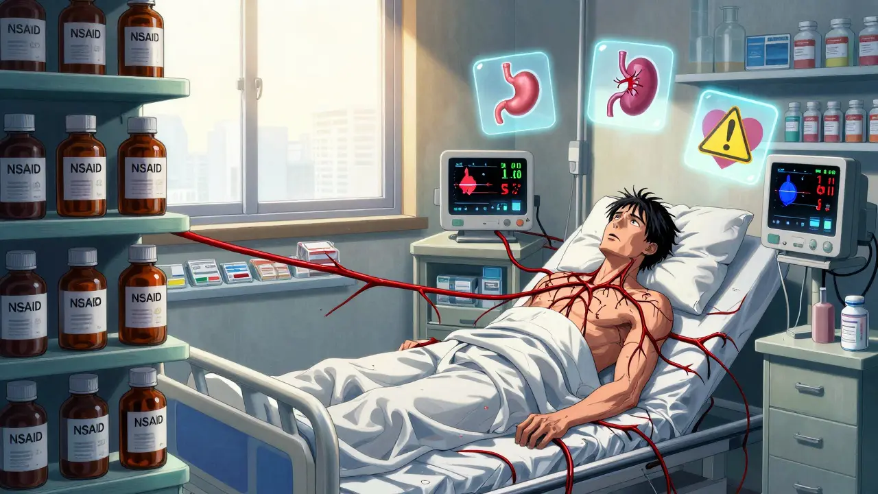 Pharmacy shelves connected by blood-red veins to a hospitalized patient with medical monitor alerts.