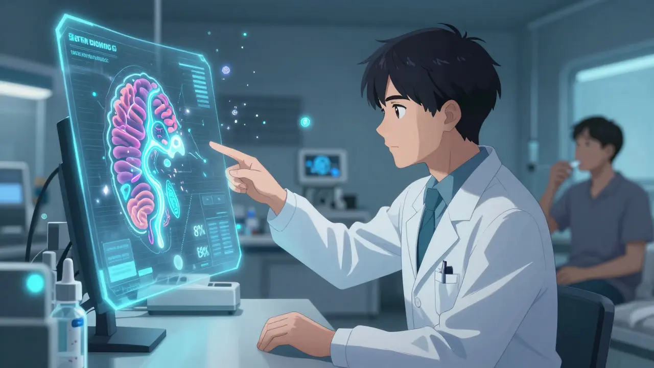 Scientists analyzing biomarkers on a hologram, predicting desensitization success, with a home-based patient receiving remote care.
