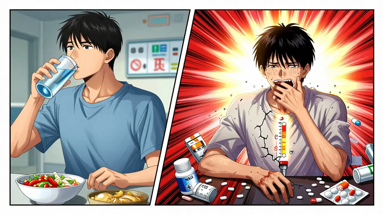 Split scene: healthy vs. toxic lithium state with dehydration and meds, glowing warning meter.