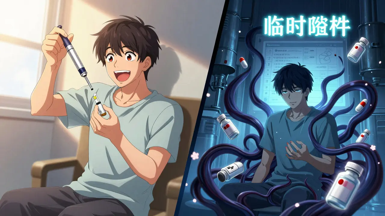 Split scene: patient discarding diabetes meds in sunlight vs. earlier steroid struggle with fading warning chart.