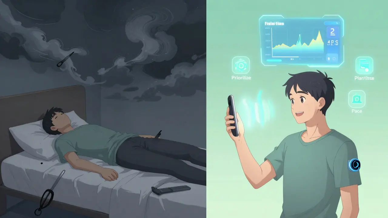 Split scene: person exhausted on bed vs. same person using voice tech and wearable sensor at home.