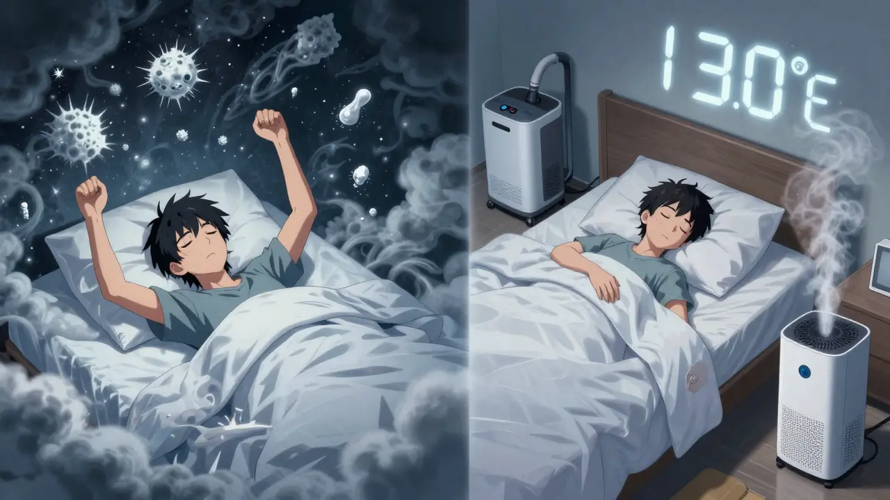 Split scene: restless sleeper surrounded by allergens vs. peaceful sleeper with clean bedding and dehumidifier running.