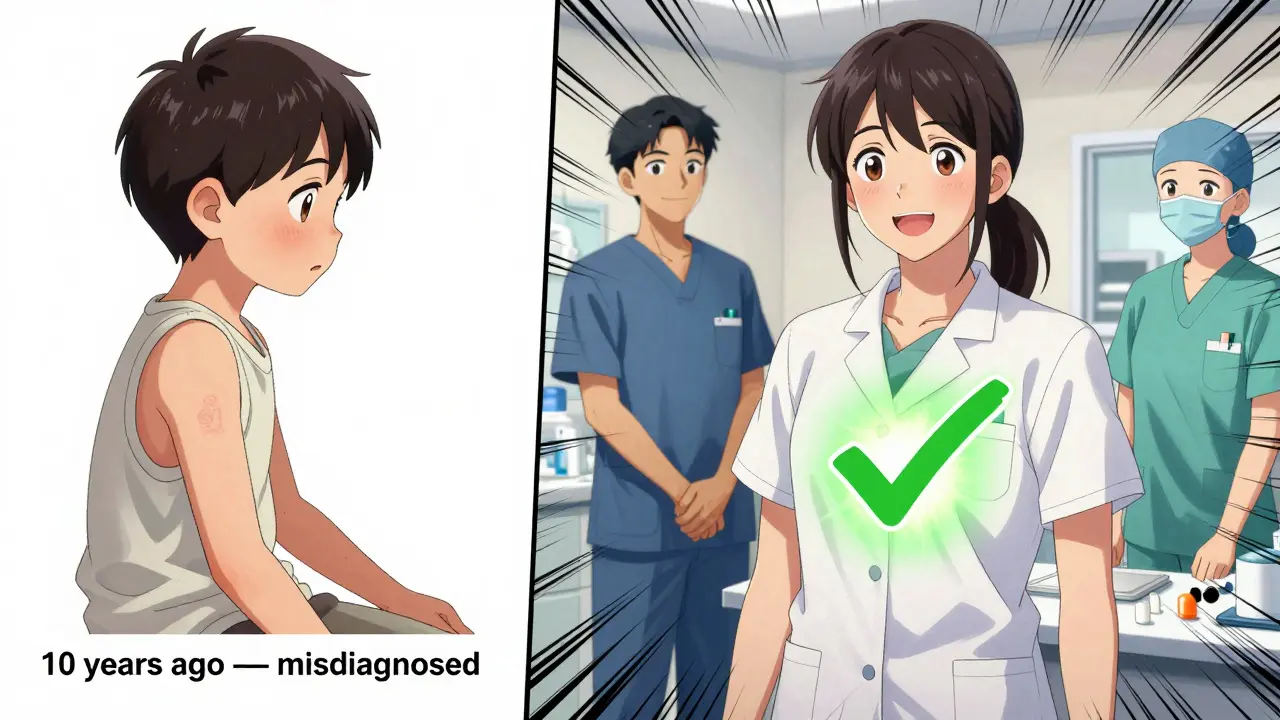 Split scene showing childhood rash misdiagnosis versus adult cleared from allergy