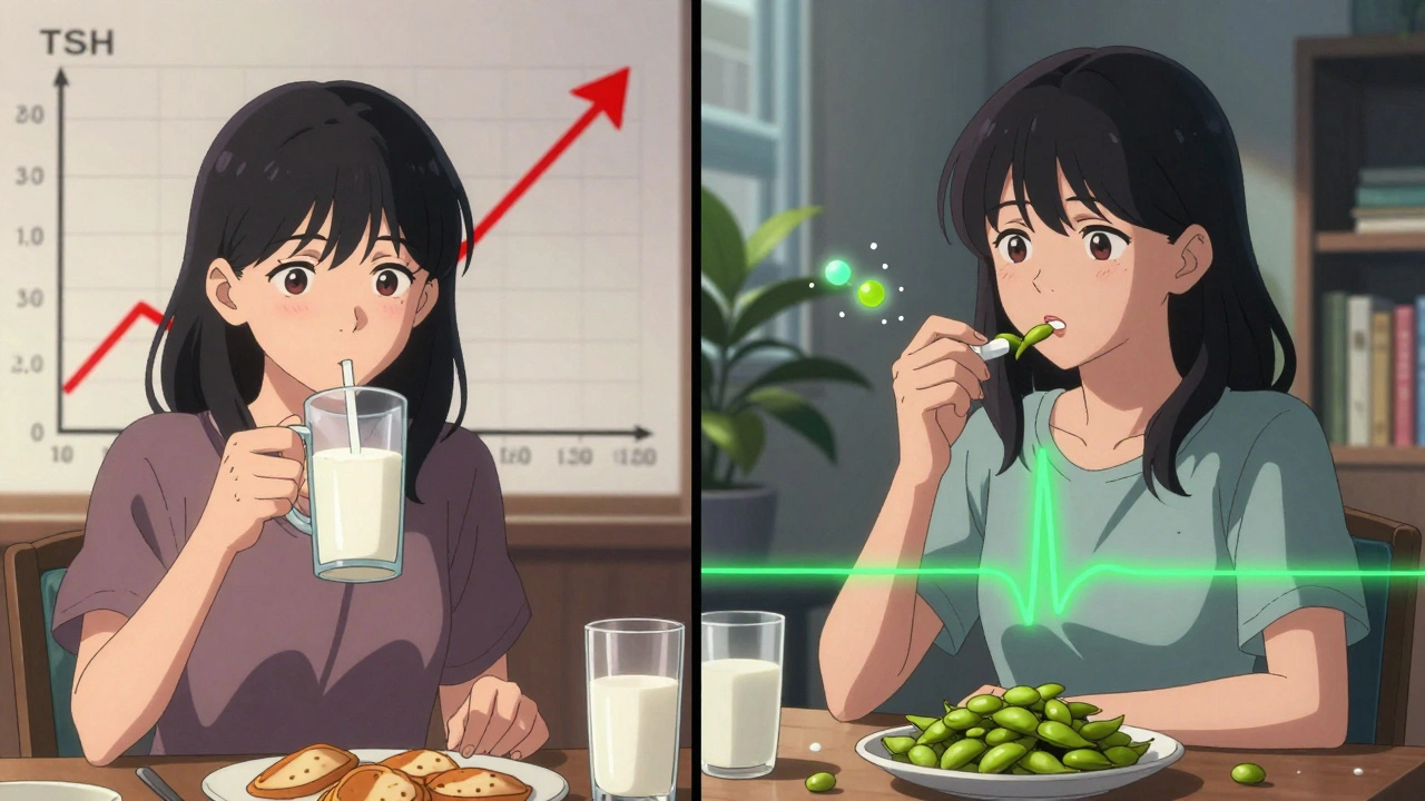 Split scene showing soy interfering with thyroid medication versus proper timing.