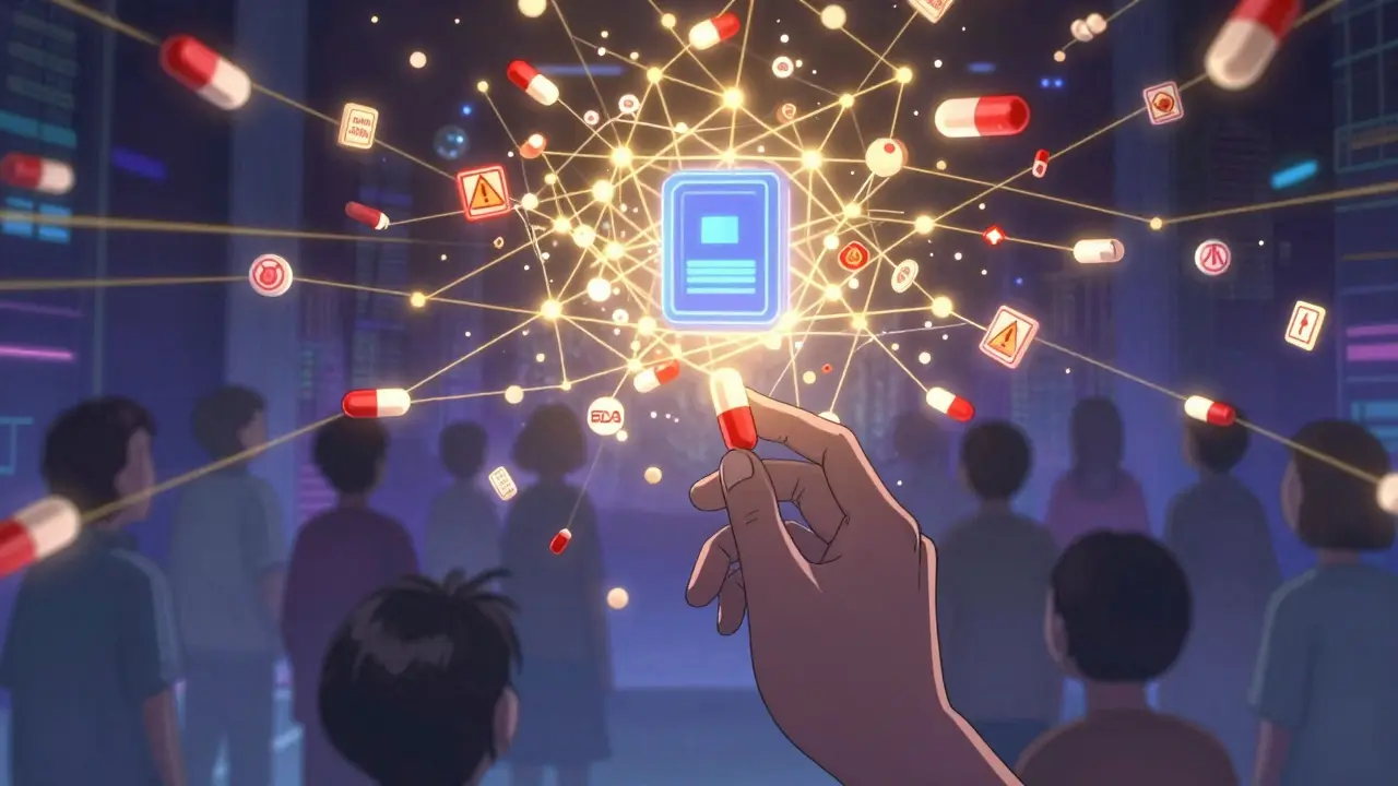 Thousands of pills flowing into a central FDA system, with one hand adding a new report to the network.