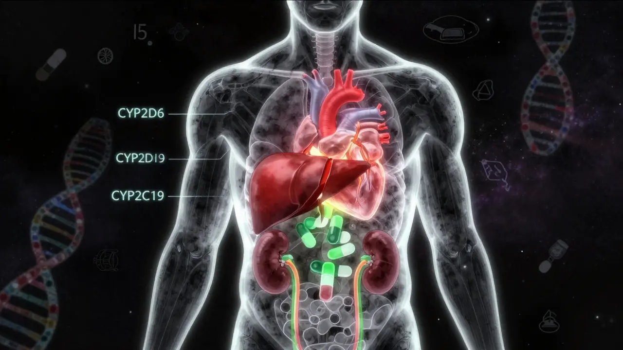 Transparent human body with glowing organs and genetic markers showing drug metabolism pathways.
