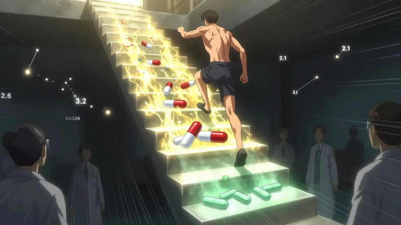 Treatment ladder with pills glowing up to biologics, patient climbing toward golden energy