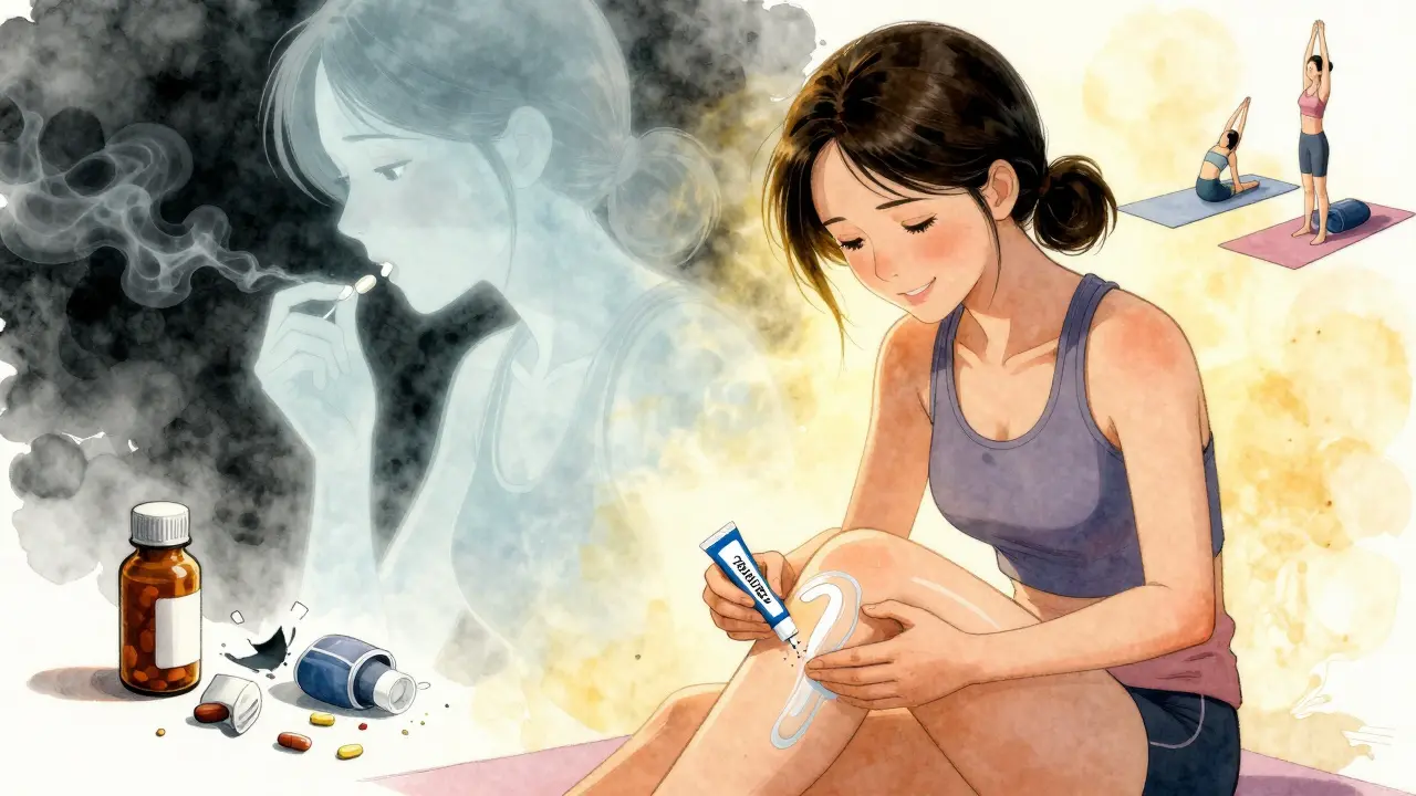 Woman applying topical pain relief while a ghostly past self consumes pills amid safer alternatives.