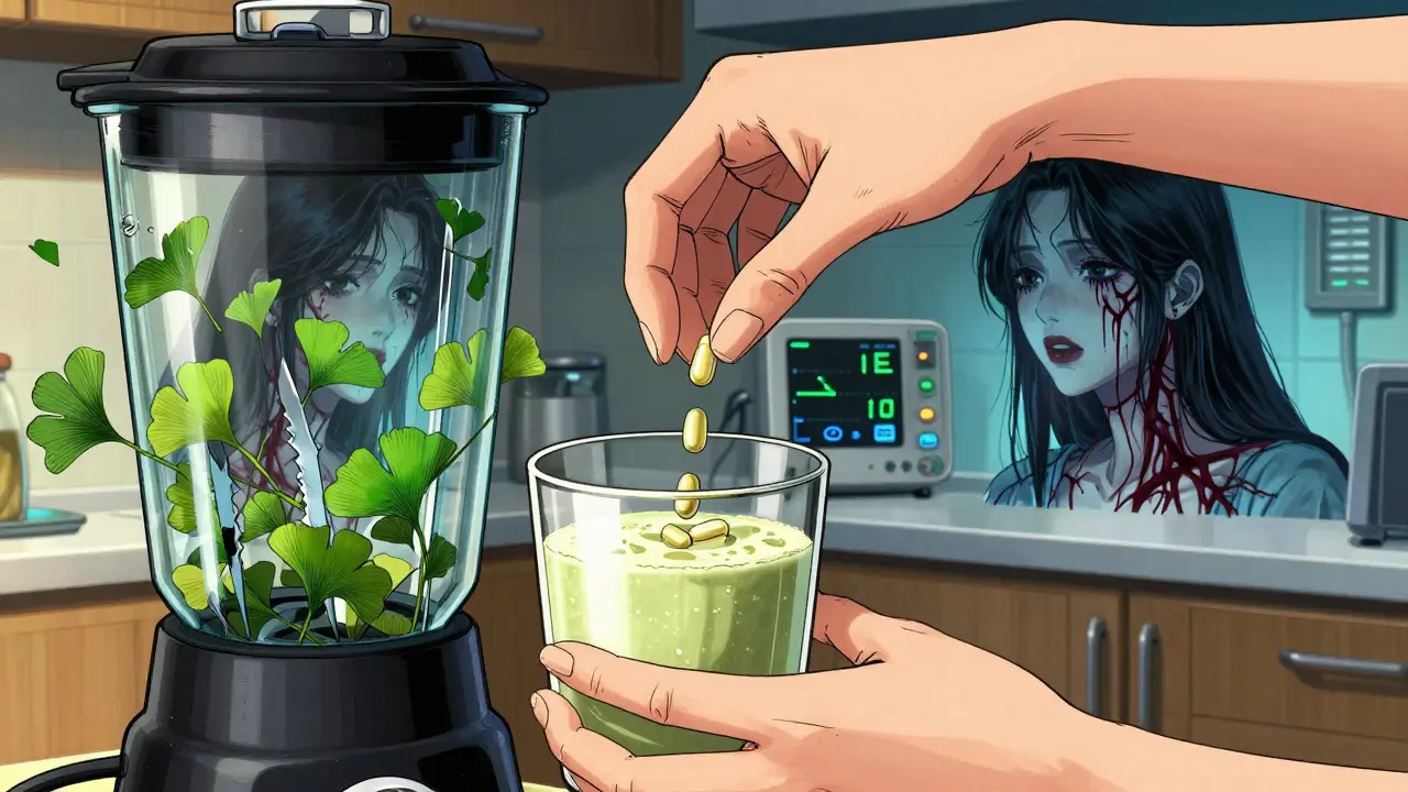 Woman pouring ginkgo capsules into a smoothie, reflection showing internal bleeding and medical monitors flashing red.