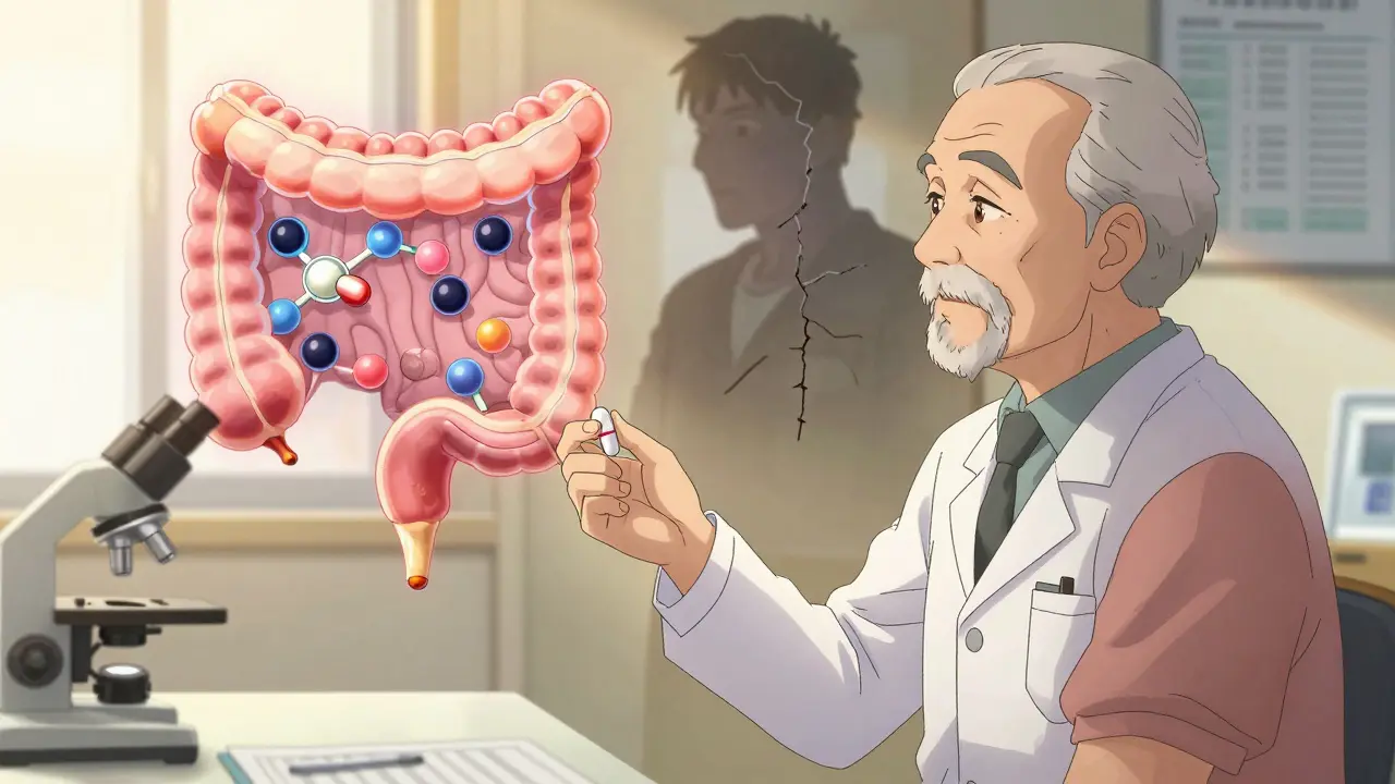 A doctor gives a budesonide pill to a patient as glowing molecules target the colon.