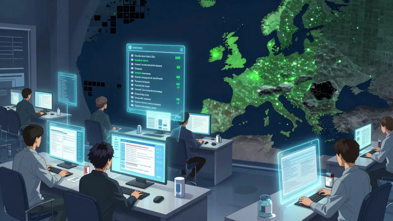 A futuristic digital EU procurement portal with glowing bid scores and AI scanning submissions across Europe.