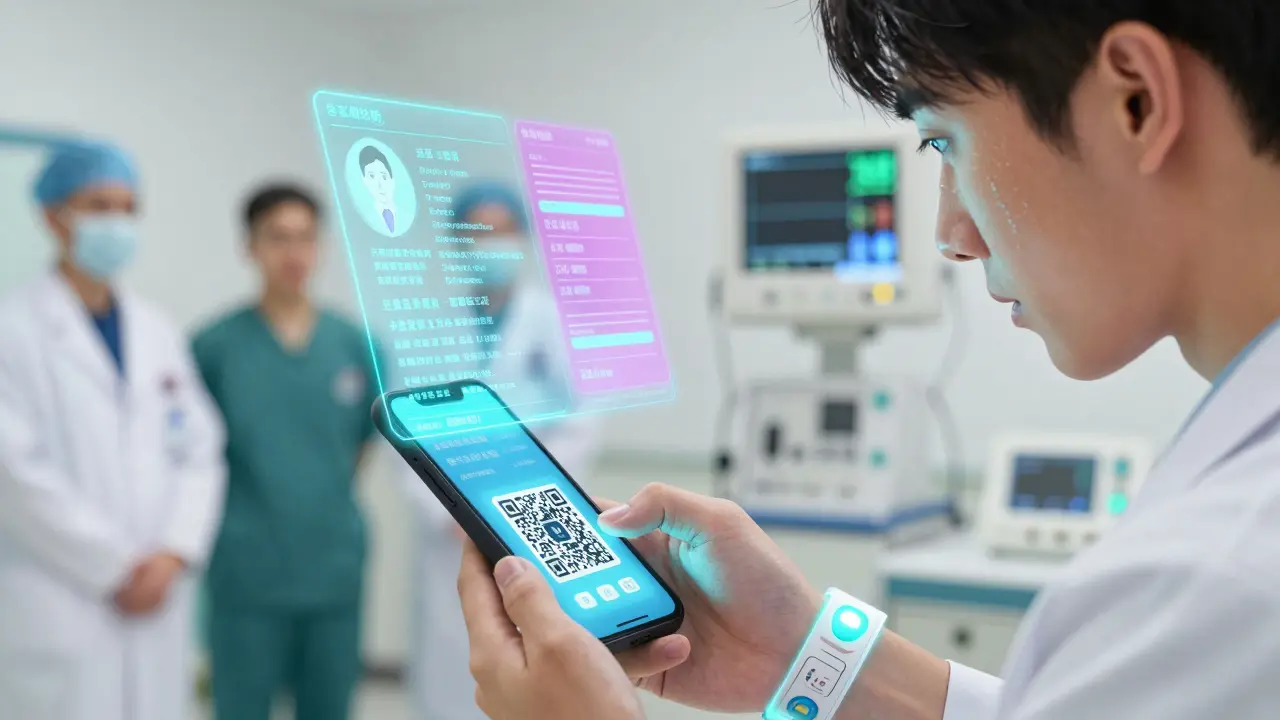 A man scans a QR code medical bracelet in an ER, with digital medical data projected above it as paramedics watch closely.