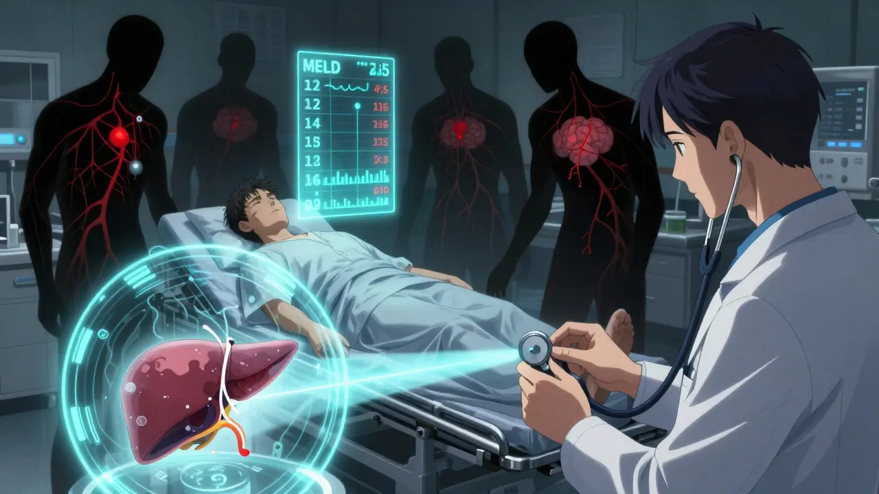 A patient with a glowing MELD score as shadowy complications loom, while a transplant organ shines in the distance.