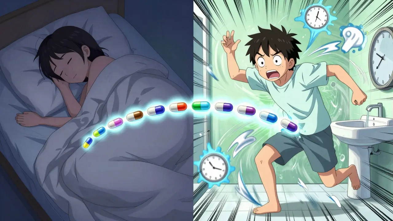 A person’s life before and after budesonide treatment shown in split-panel contrast.