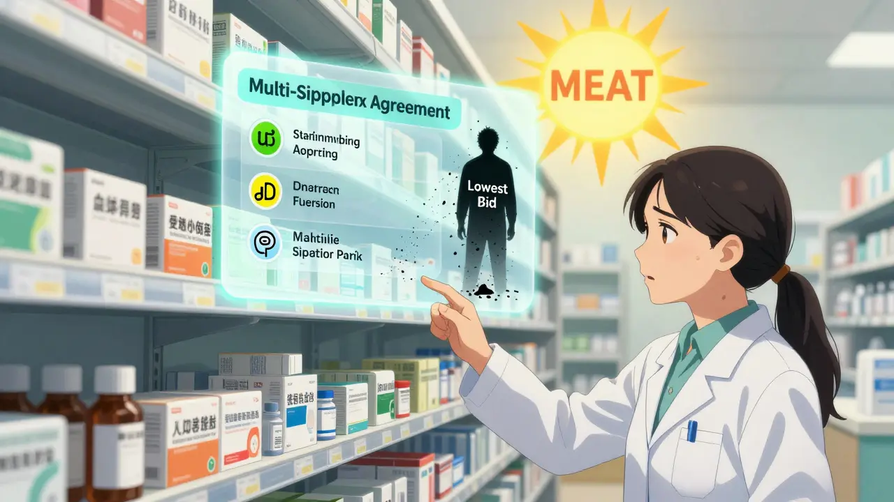 A pharmacist finds an empty insulin shelf as a glowing framework agreement shows sustainable, reliable suppliers.