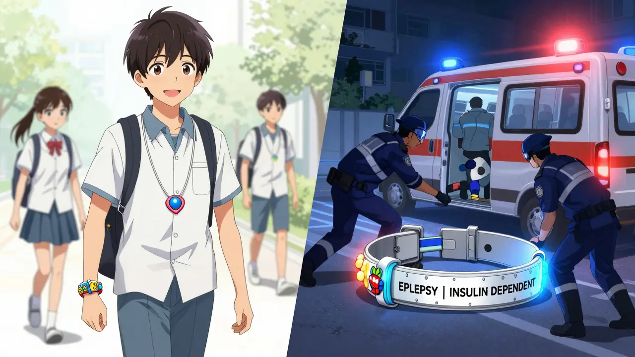 A teen wears a colorful anime-style medical bracelet daily, then later it glows during a seizure emergency in an ambulance.