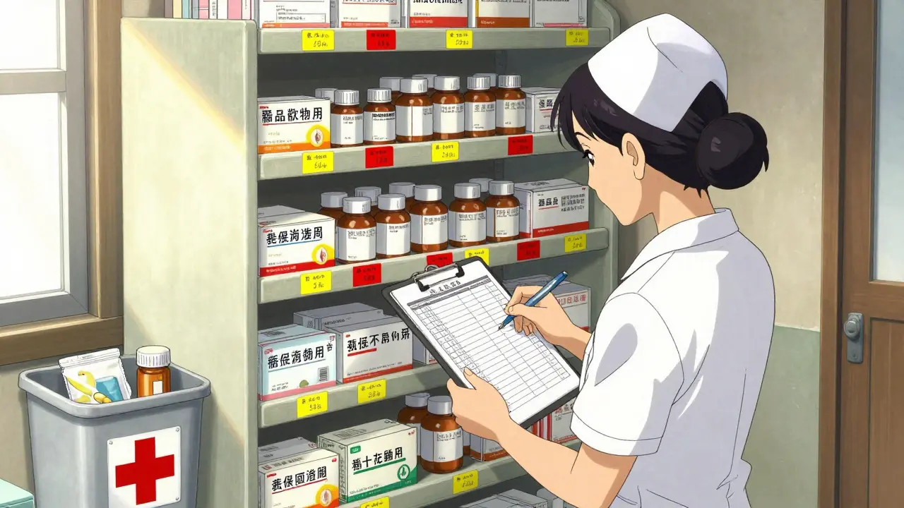 Clinic pharmacy shelf with color-coded medication labels and a nurse checking a handwritten inventory list.
