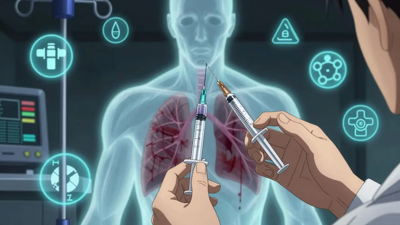 Clinician hesitating with flumazenil syringe as ghostly opioid molecules loom over patient, symbolizing limited reversal effectiveness.