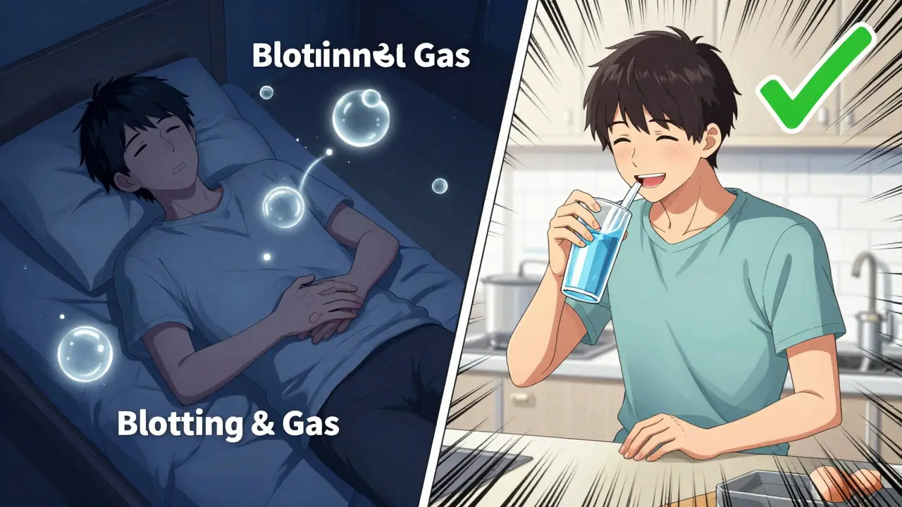 Contrasting nighttime abdominal discomfort from fiber with daytime safe usage.